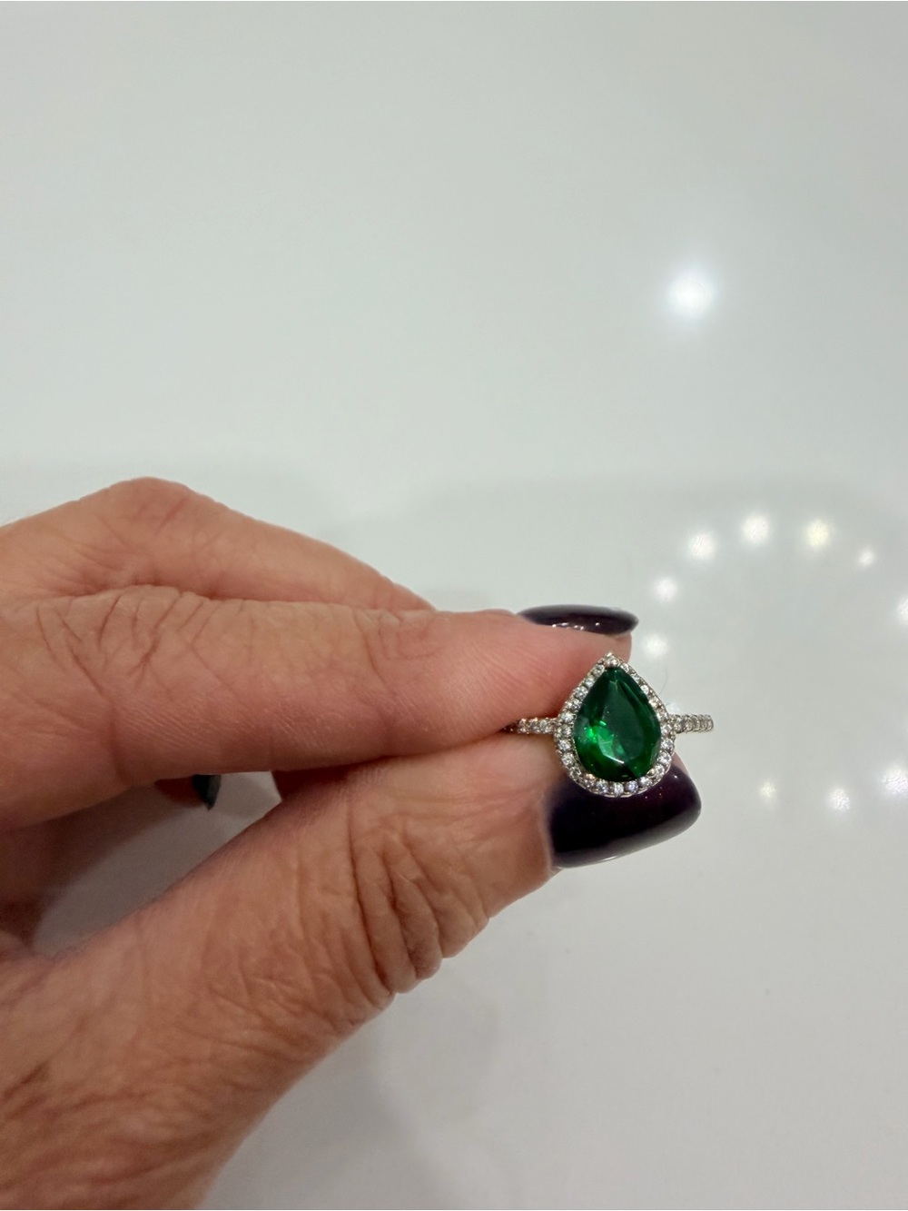 Teardrop Emerald Green Halo Ring in Sterling Silver